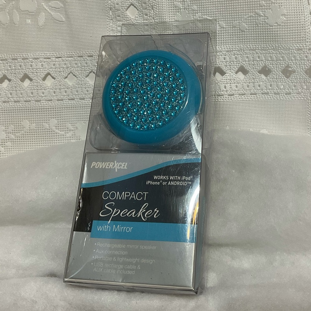 Portable speaker compact mirror blue rhinestone top